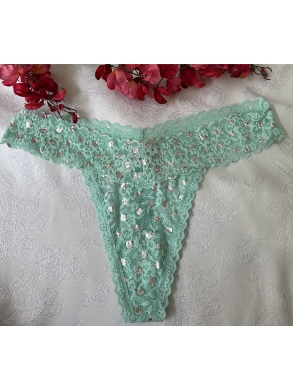 VICTORIA'S SECRET L TURQUOISE BLUE SILVER WIDE STRING THONG PANTIES SUMMER NWT